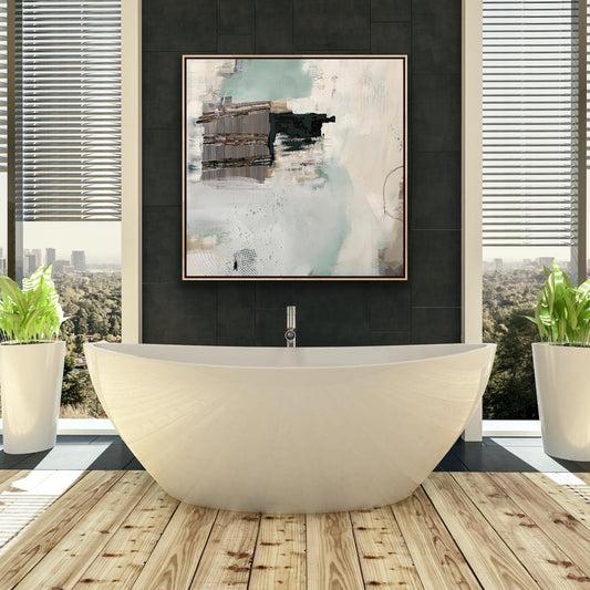 Modern bathroom with a freestanding bathtub, abstract art print 'Seafoam's Echo' by Alison Gilbert on the wall, and large windows.