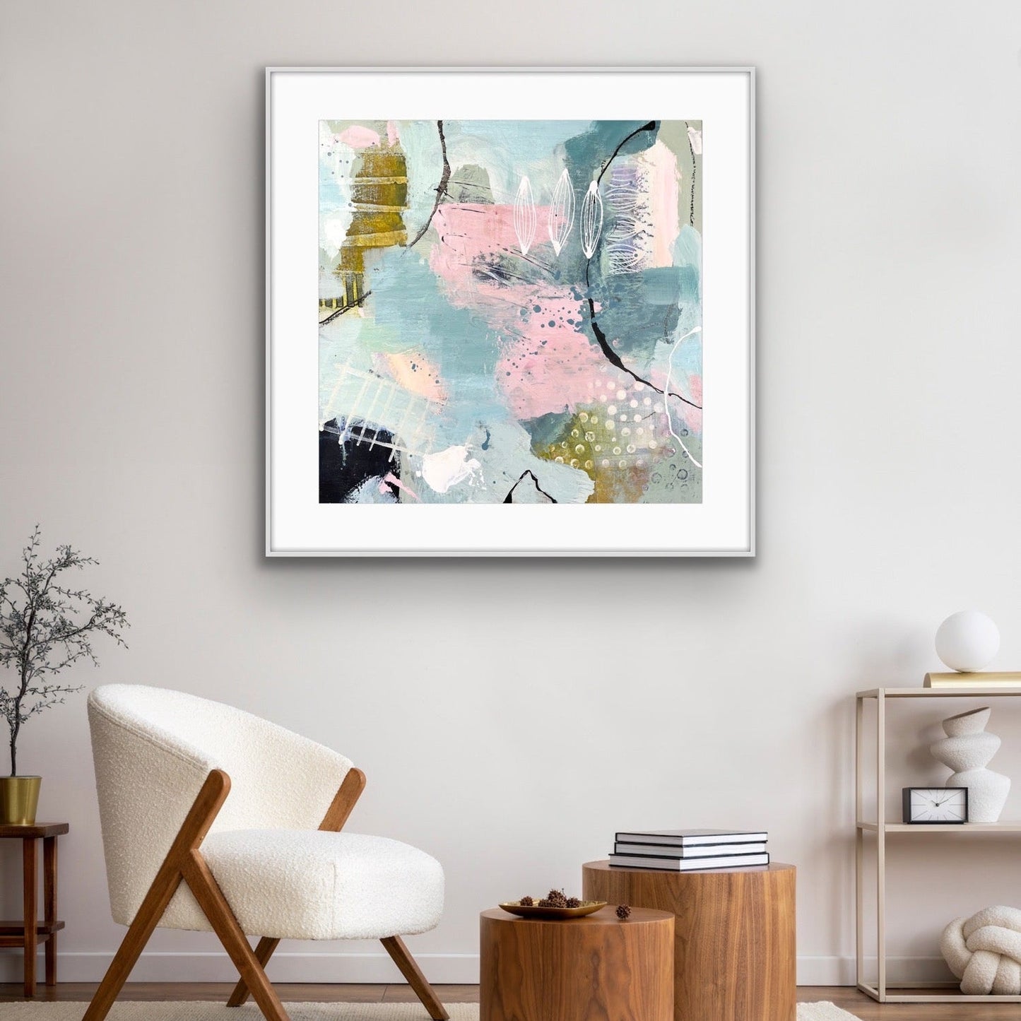 Framed abstract giclée art print "Shallow Pool" by Alison Gilbert Art, on a wall in a living room setting.