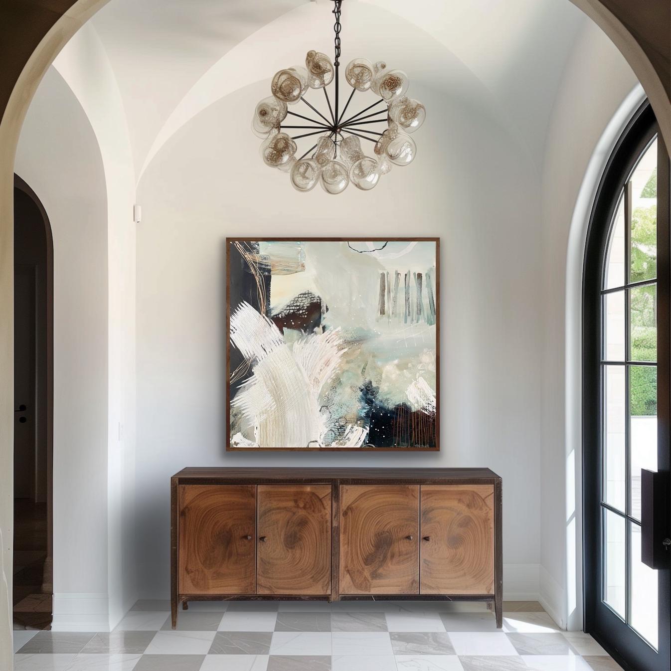 Foyer with wooden sideboard, abstract canvas print 'Siren's Swell' by Alison Gilbert Art, and chandelier