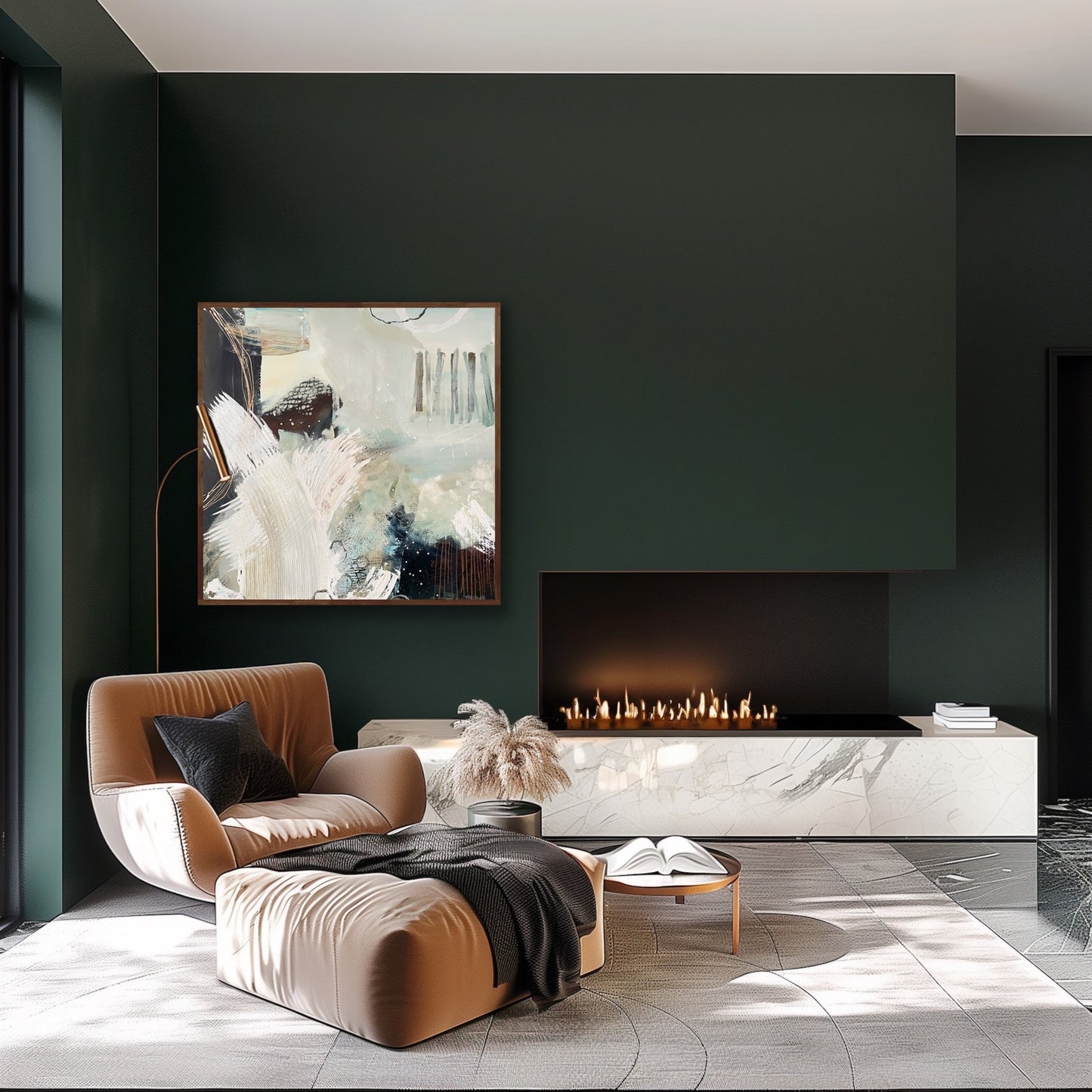 Modern living room with a fireplace, armchair, and abstract canvas print 'Siren's Swell' by Alison Gilbert Art