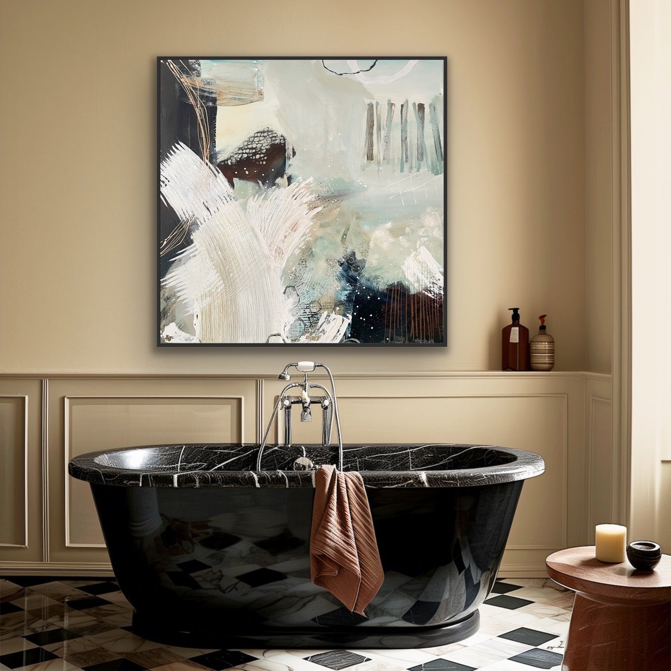 Black freestanding bathtub in a stylish bathroom with abstract canvas print 'Siren's Swell' by Alison Gilbert Art on the wall.
