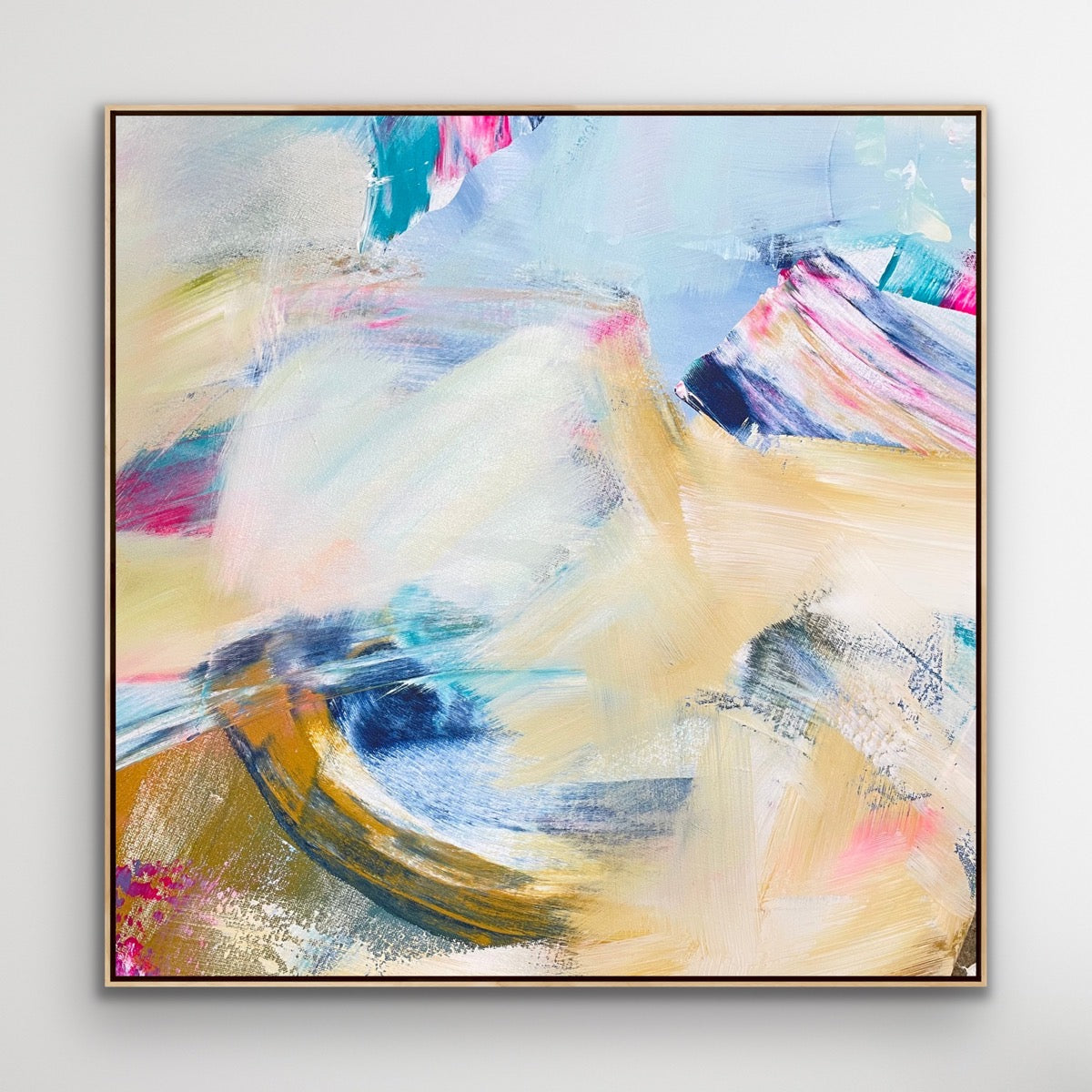 Framed abstract Alison Gilbert canvas print 'Summer Breeze' with colorful brush strokes on a white wall