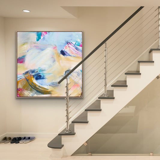 Staircase with an abstract Alison Gilbert canvas print 'Summer Breeze'on the wall