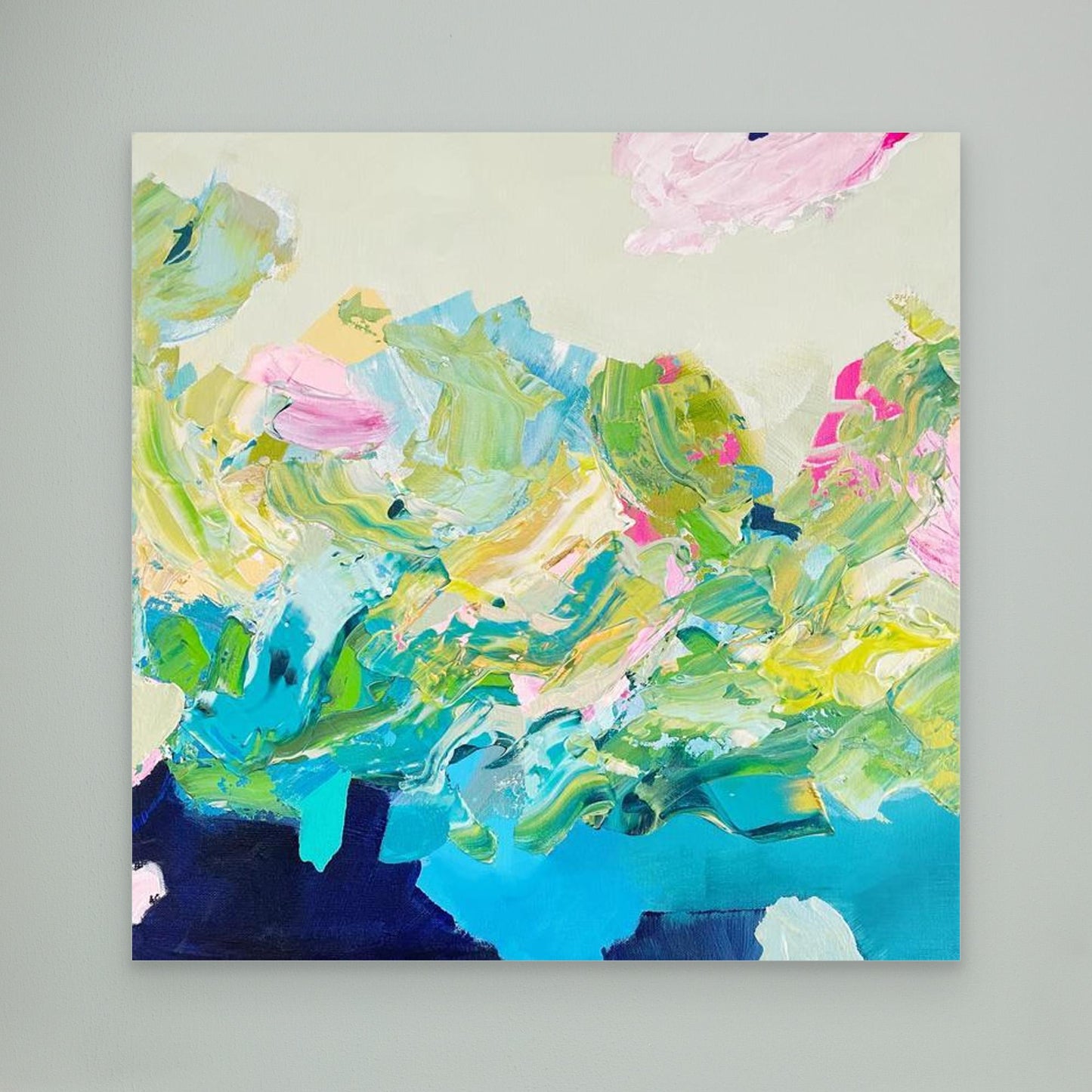 Abstract canvas print 'Turbulence' with vibrant colors on a gray background