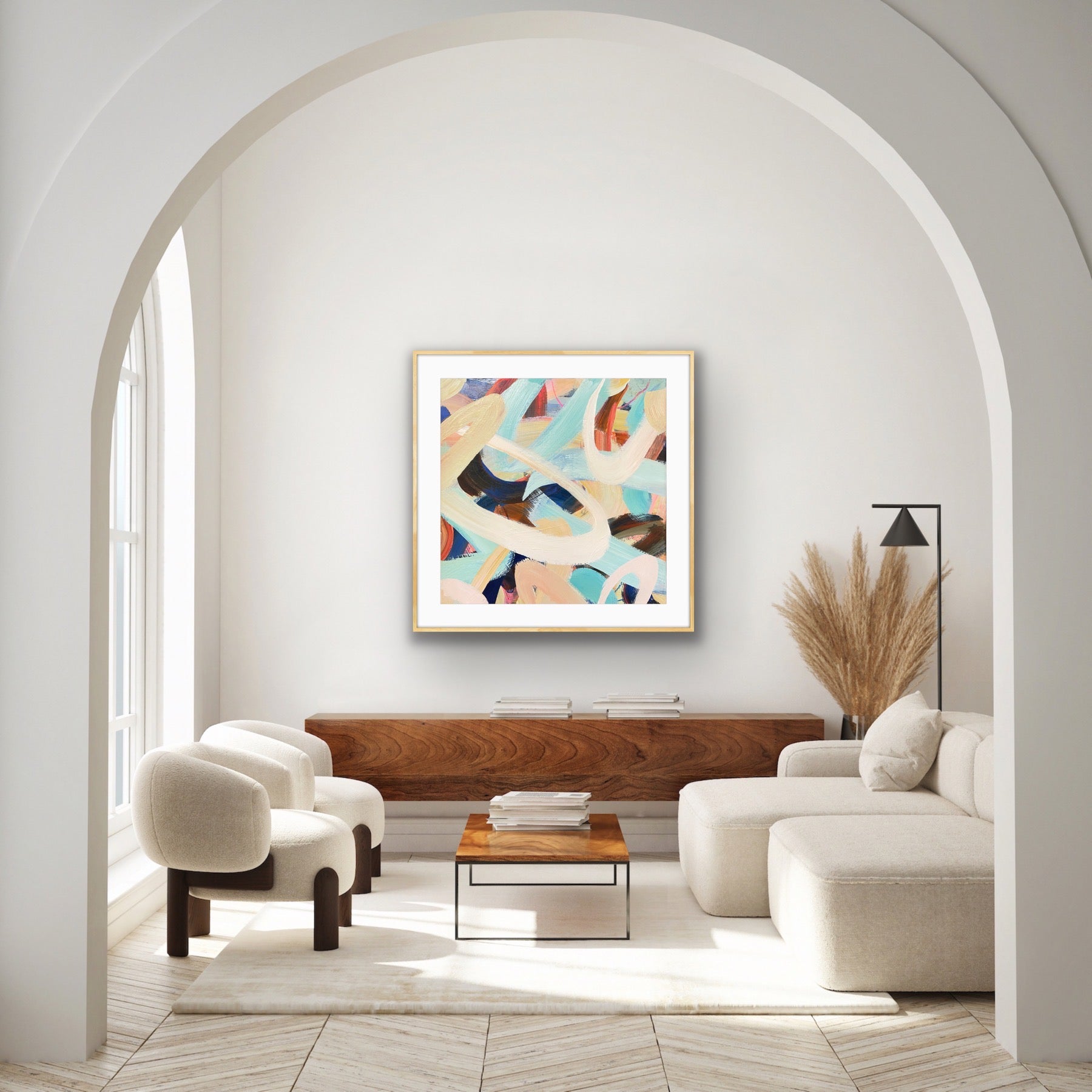 Modern living room with abstract art oprint 'Twist & Shout' on the wall, neutral furniture, and a wooden coffee table.