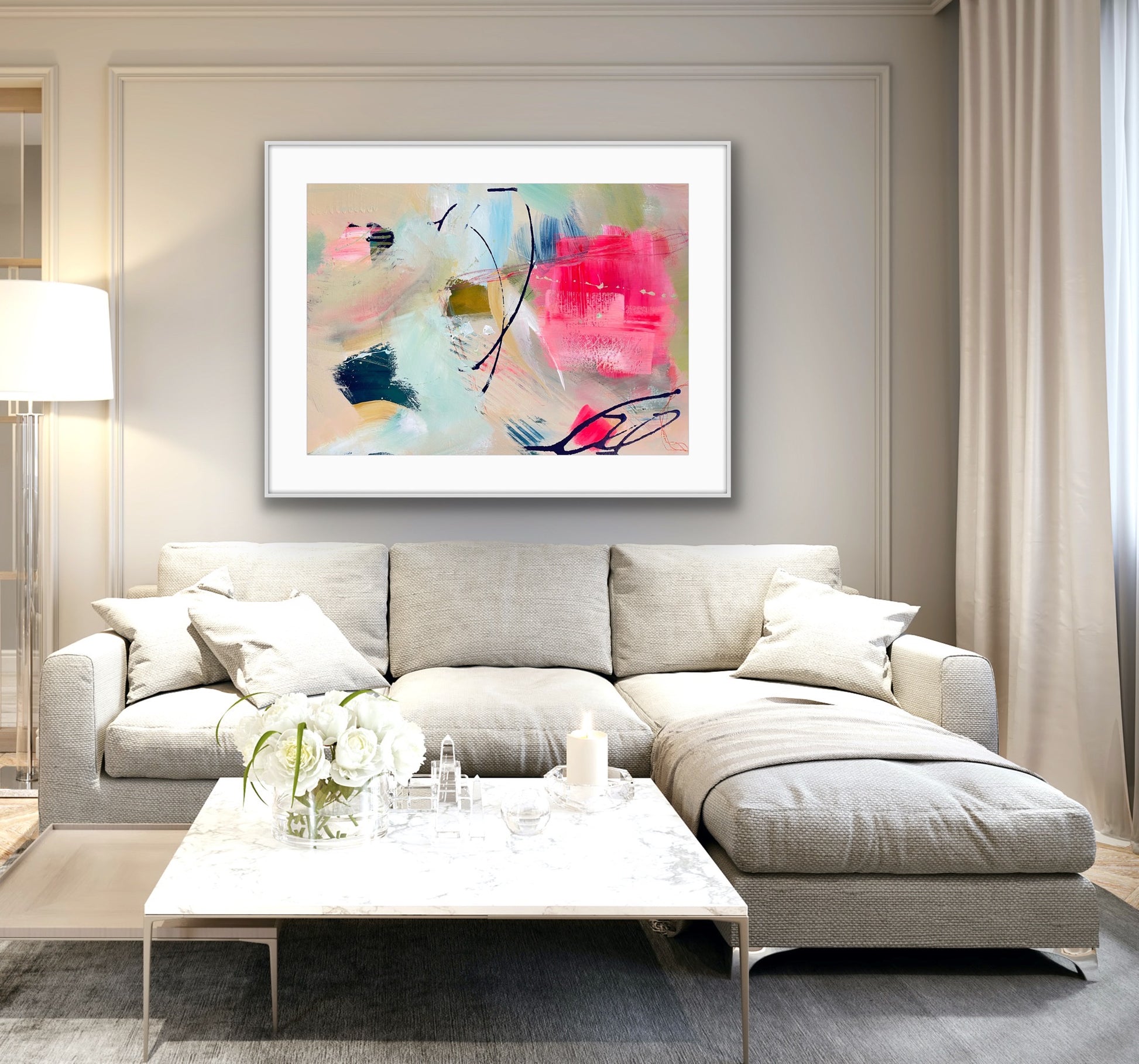 Modern living room with a gray sectional sofa, coffee table, and abstract Framed Art Print on Paper, 'Unexpected Arrival' on the wall.