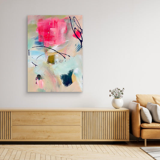 'Unexpected Arrival'  abstract framed canvas print in living room on a wall above a wooden console table in a living room.