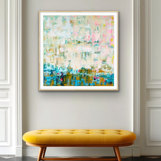 Abstract Giclée Print "Where the Light Falls" from Alison Gilbert Art, in a black frame on a wall above a yellow bench.