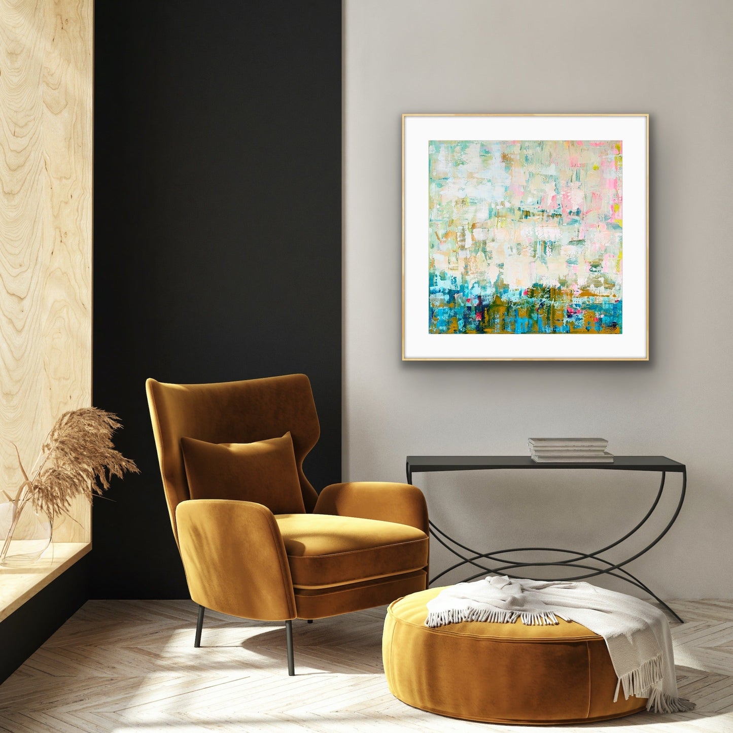 Modern interior with a mustard yellow armchair, ottoman, and abstract art print by AlisonGilbertArt on the wall.