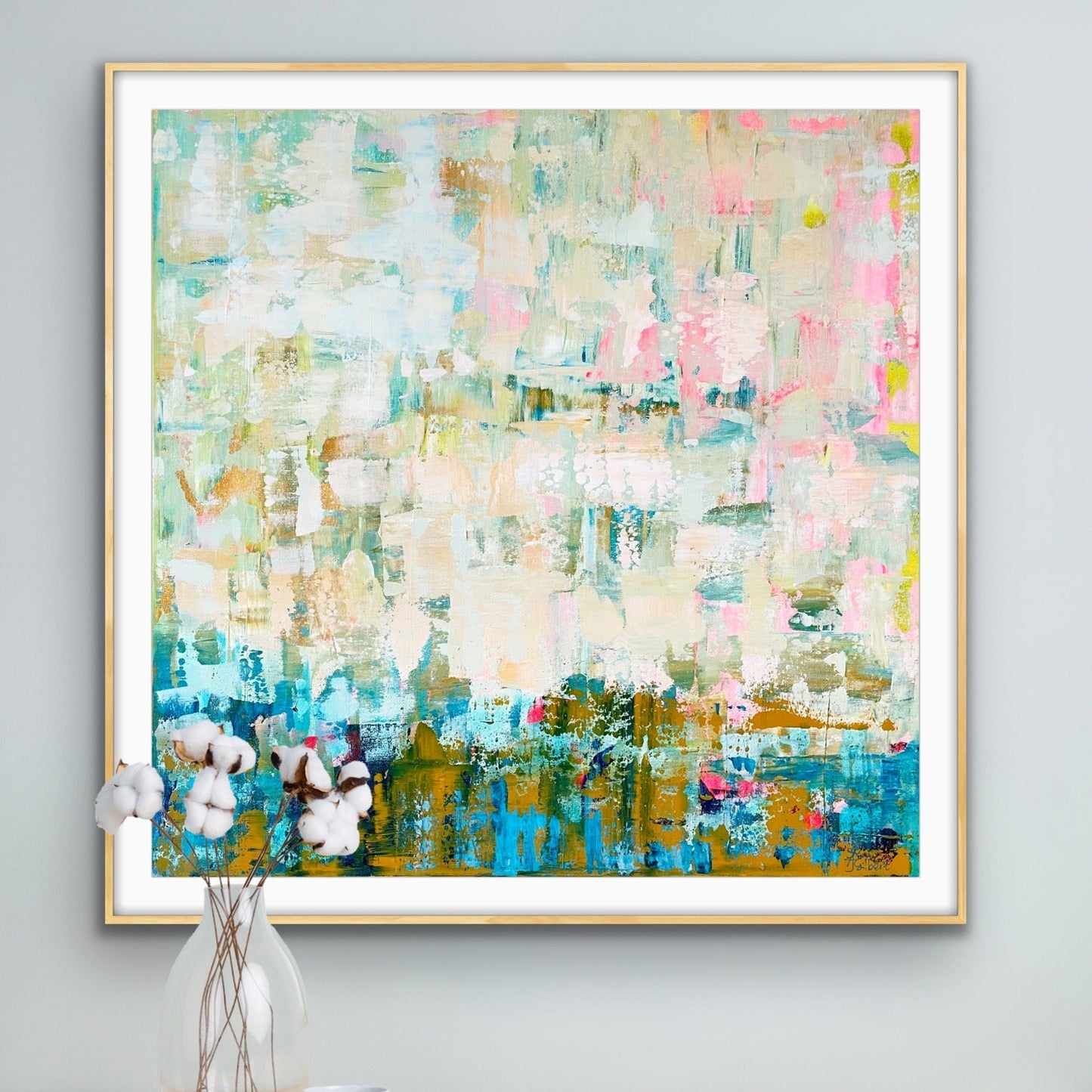 Abstract Giclée print "Where the Light Falls" from Alison Gilbert Art, with an oak frame on a gray wall above a wooden surface.