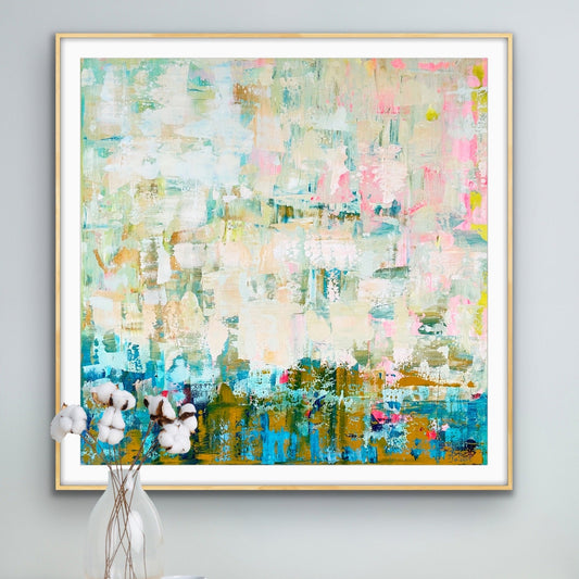 Abstract Giclée print "Where the Light Falls" from Alison Gilbert Art, with an oak frame on a gray wall above a wooden surface.