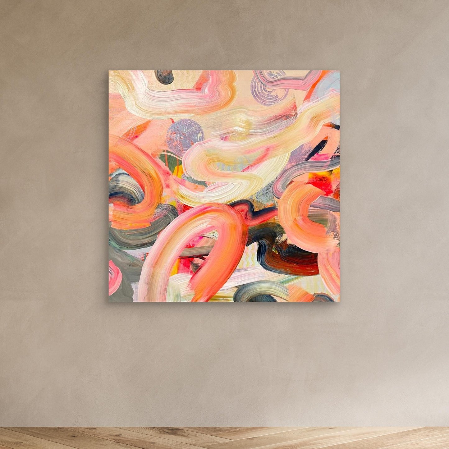 Abstract Alison Gilbert canvas print 'Wurlitzer' with swirling colors on a beige wall.