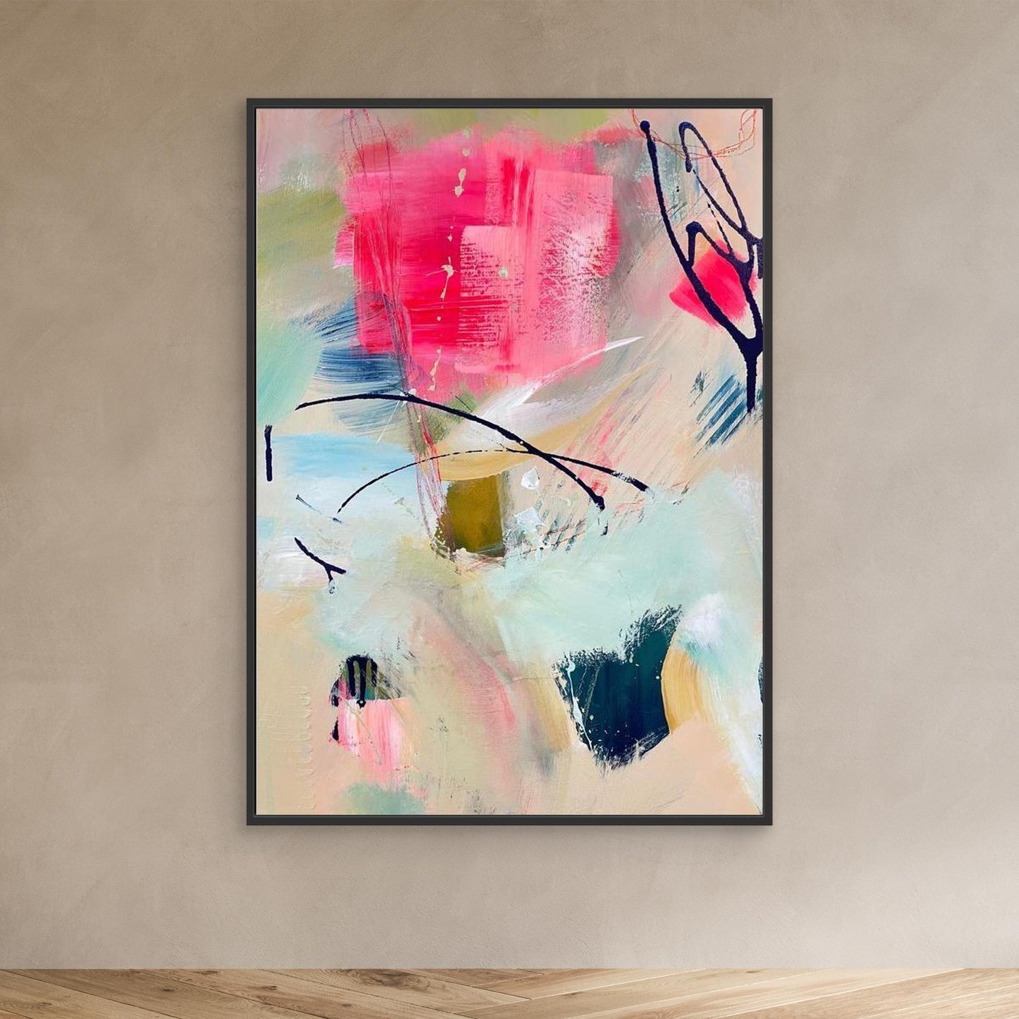 'unexpected arrival'  abstract framed canvas print on beige wall