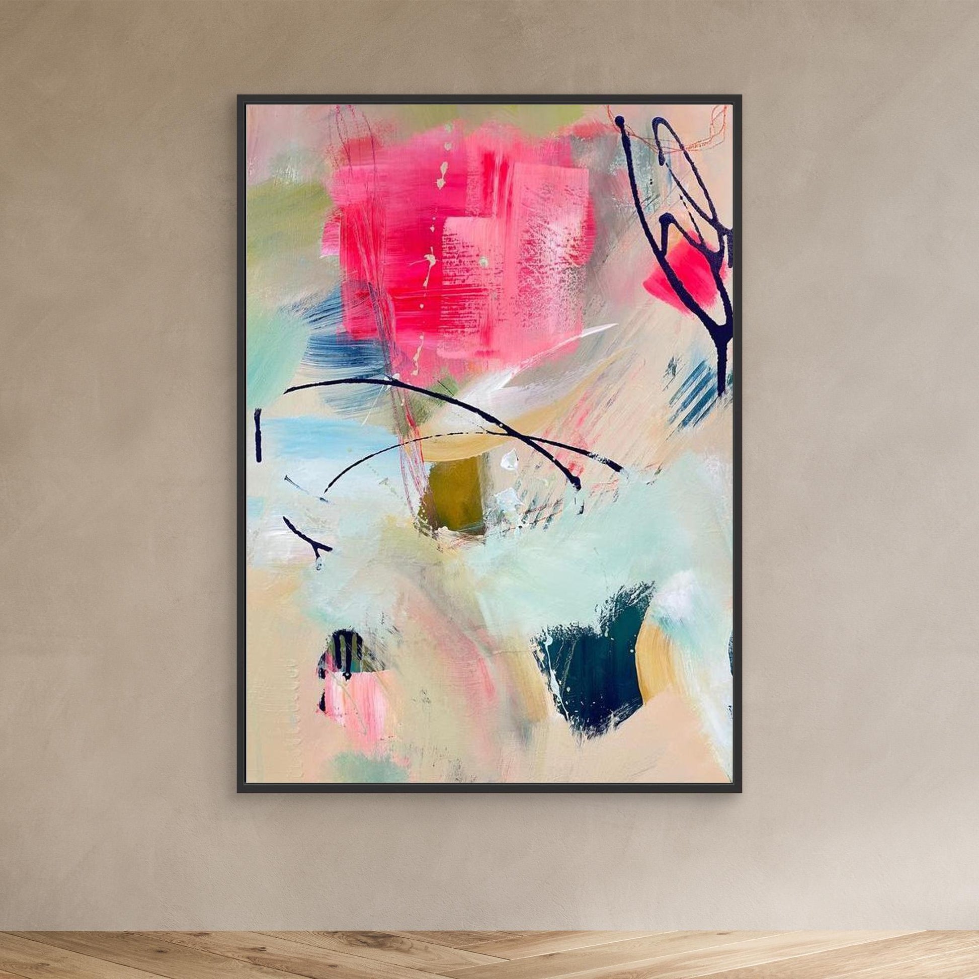 'unexpected arrival'  abstract framed canvas print on beige wall