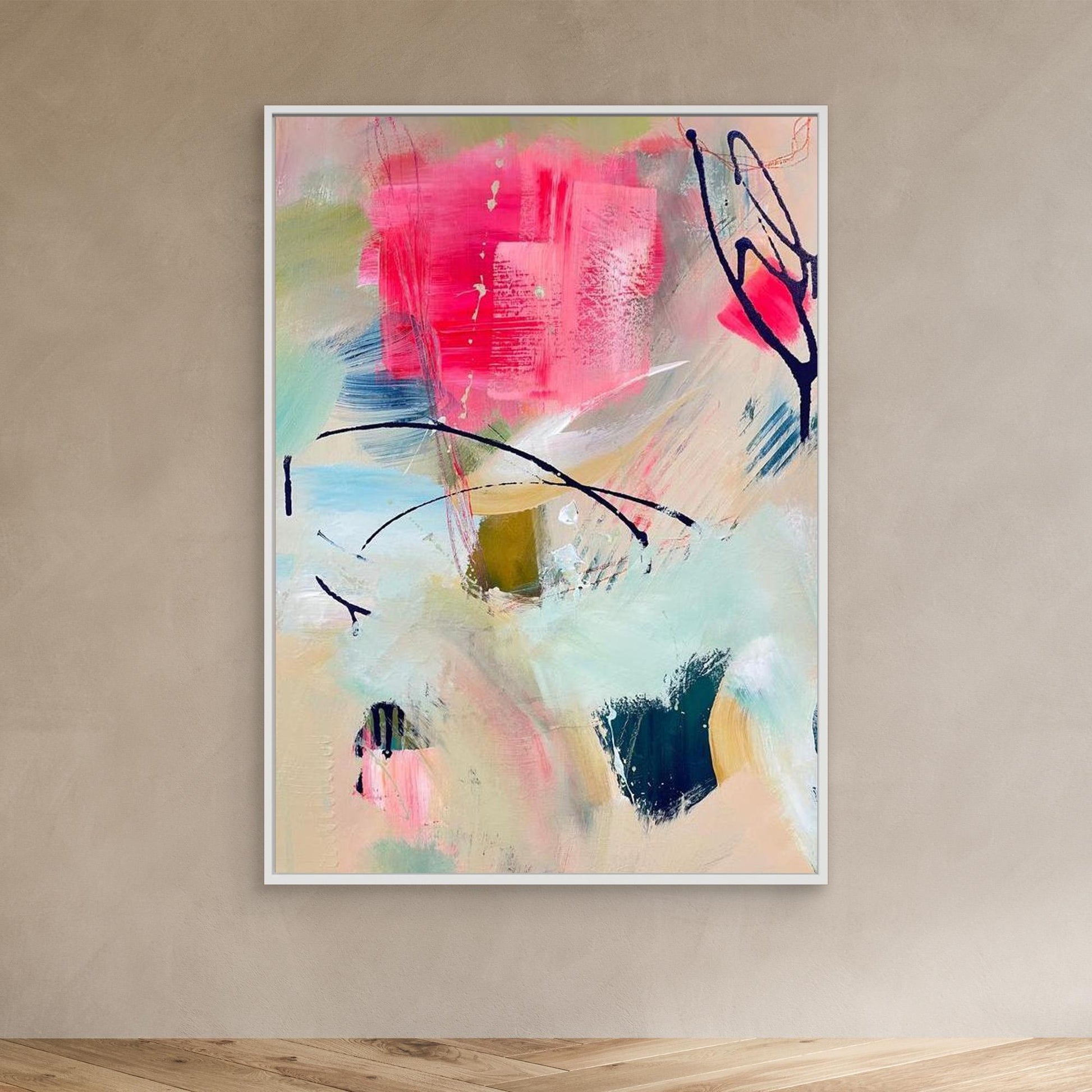 'Unexpected Arrival'  abstract framed canvas print on beige wall