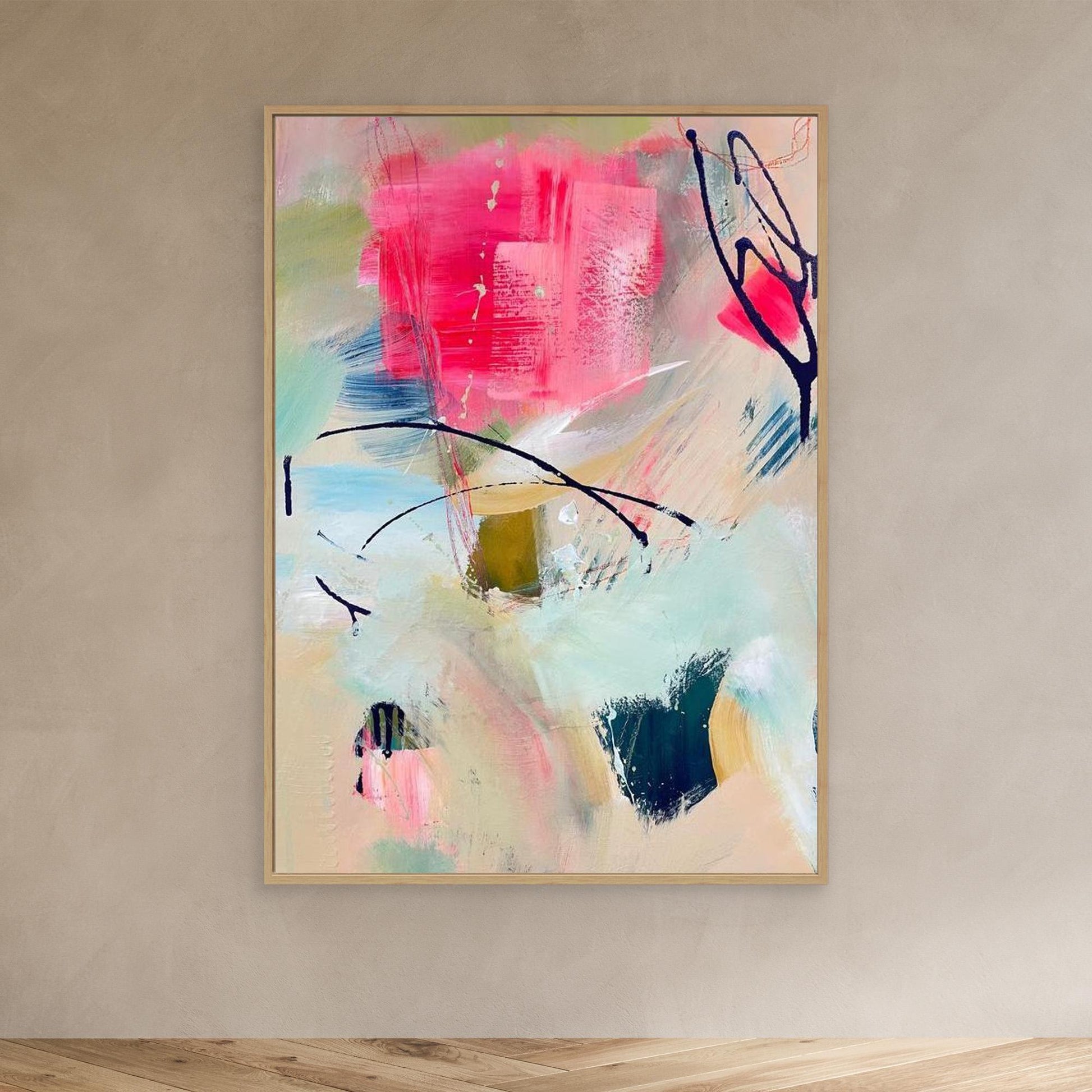 'Unexpected Arrival'  abstract framed canvas print on beige wall